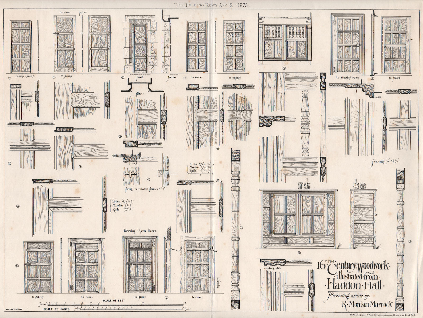 16th century woodwork illustrated from Haddon Hall. Derbyshire 1875 old print
